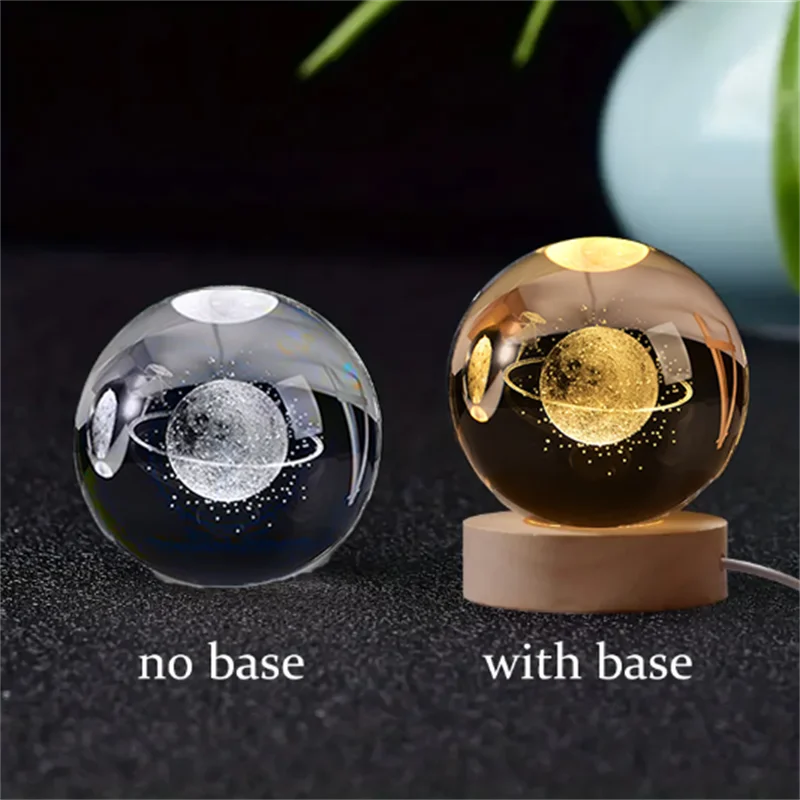 6cm 3D Crystal Solar System Globe – LED Warm Night Light with Laser Engraved Planet Design and Wooden Base, Great Birthday Gift