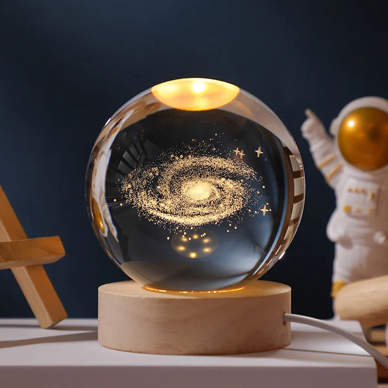 6cm 3D Crystal Solar System Globe – LED Warm Night Light with Laser Engraved Planet Design and Wooden Base, Great Birthday Gift