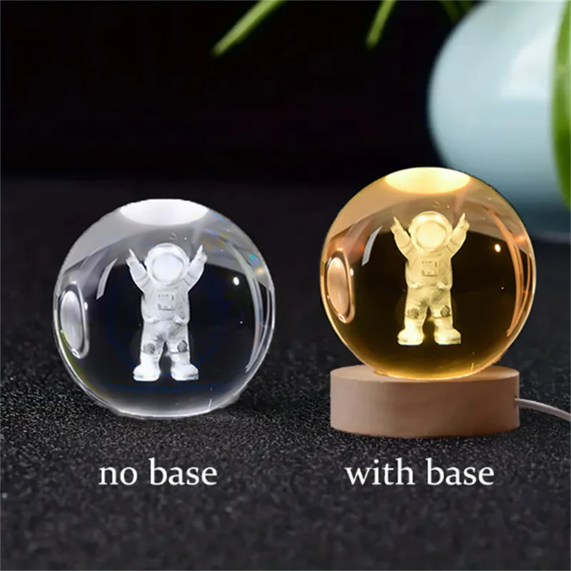 6cm 3D Crystal Solar System Globe – LED Warm Night Light with Laser Engraved Planet Design and Wooden Base, Great Birthday Gift