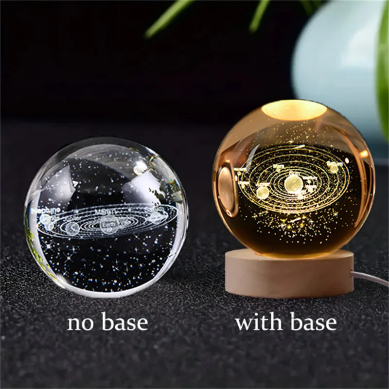 6cm 3D Crystal Solar System Globe – LED Warm Night Light with Laser Engraved Planet Design and Wooden Base, Great Birthday Gift