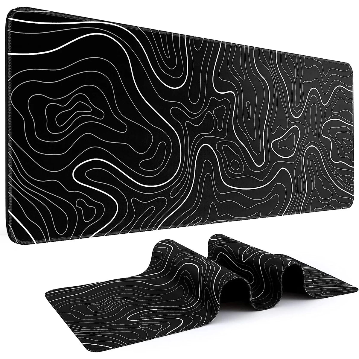 1PC Large Gaming Mouse Pad – 31.5 x 11.8in Topographic Design, Black & White with Anti-Slip Surface for Keyboard