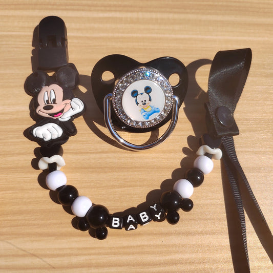 Mickey Mouse Print Baby Pacifier – Diamond Design, Food-Grade Thumb-Shaped Pacifier with Custom Bead Clip