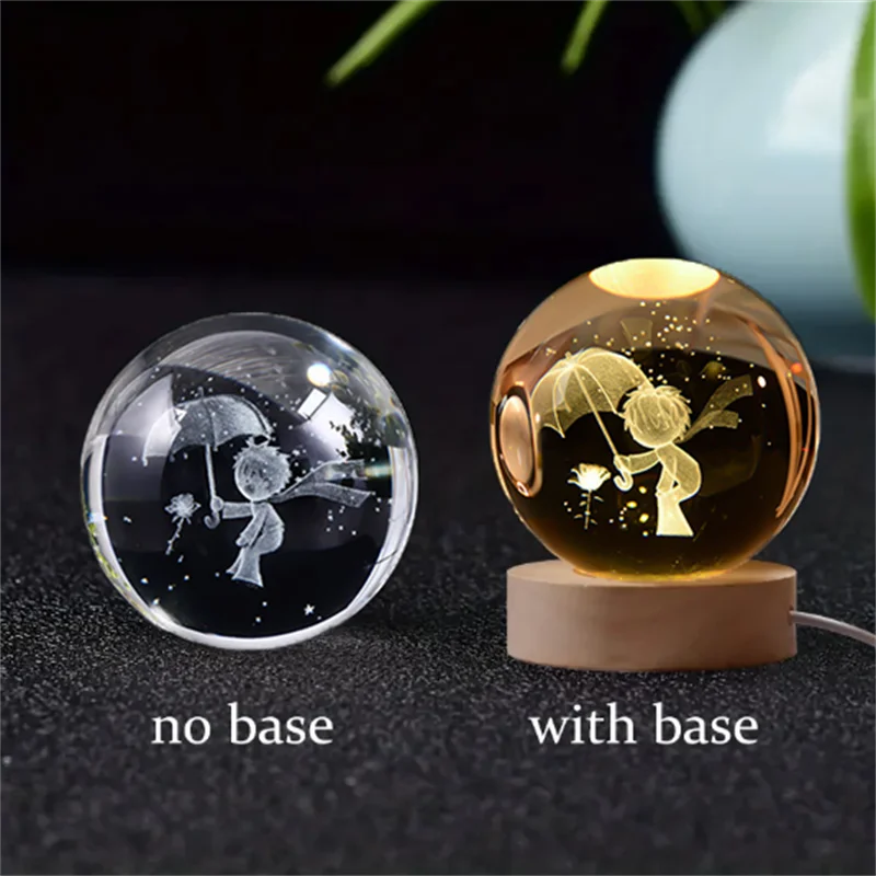 6cm 3D Crystal Solar System Globe – LED Warm Night Light with Laser Engraved Planet Design and Wooden Base, Great Birthday Gift