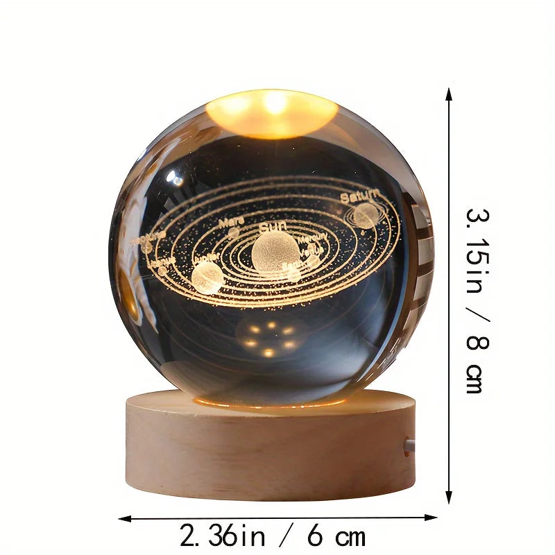 6cm 3D Crystal Solar System Globe – LED Warm Night Light with Laser Engraved Planet Design and Wooden Base, Great Birthday Gift