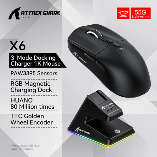 X6 PAW3395 RGB Bluetooth Mouse – Tri-Mode Connection with Magnetic Charging Base and Macro Support for Gaming