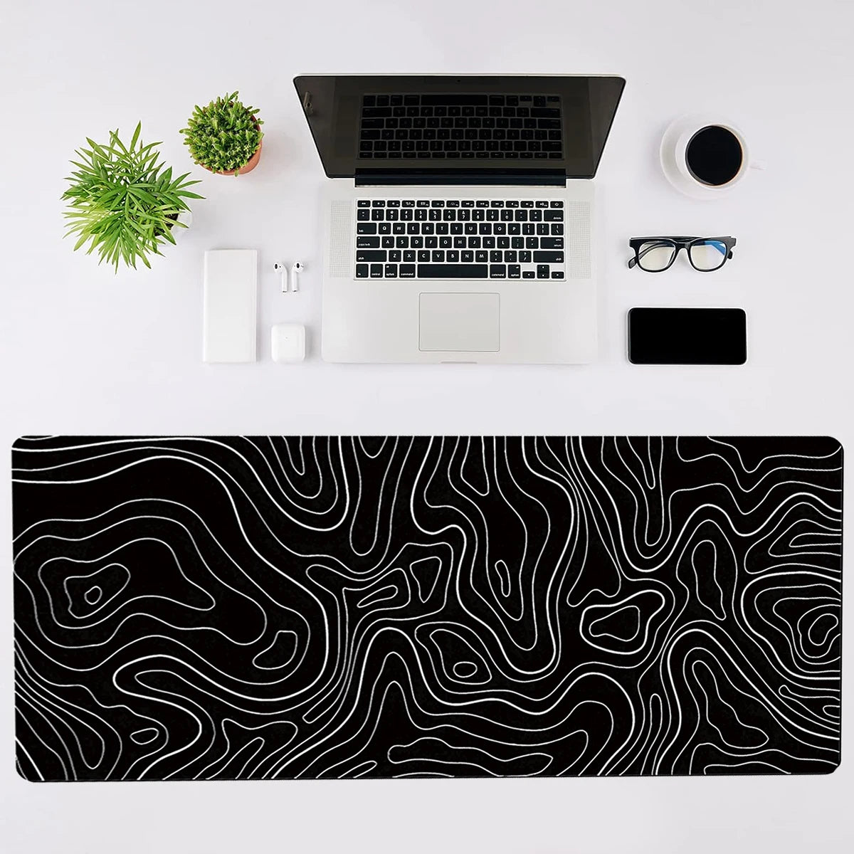 1PC Large Gaming Mouse Pad – 31.5 x 11.8in Topographic Design, Black & White with Anti-Slip Surface for Keyboard