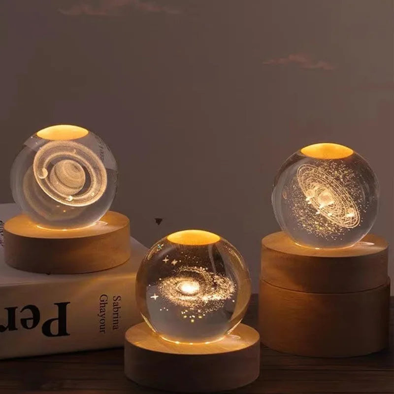 6cm 3D Crystal Solar System Globe – LED Warm Night Light with Laser Engraved Planet Design and Wooden Base, Great Birthday Gift