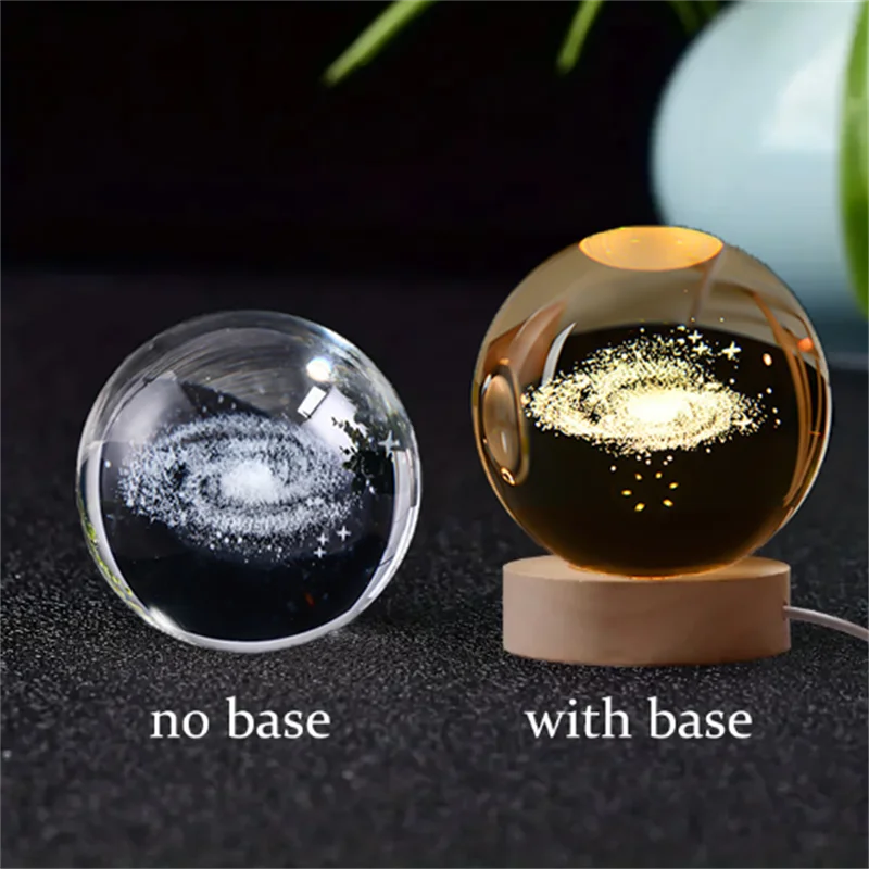 6cm 3D Crystal Solar System Globe – LED Warm Night Light with Laser Engraved Planet Design and Wooden Base, Great Birthday Gift