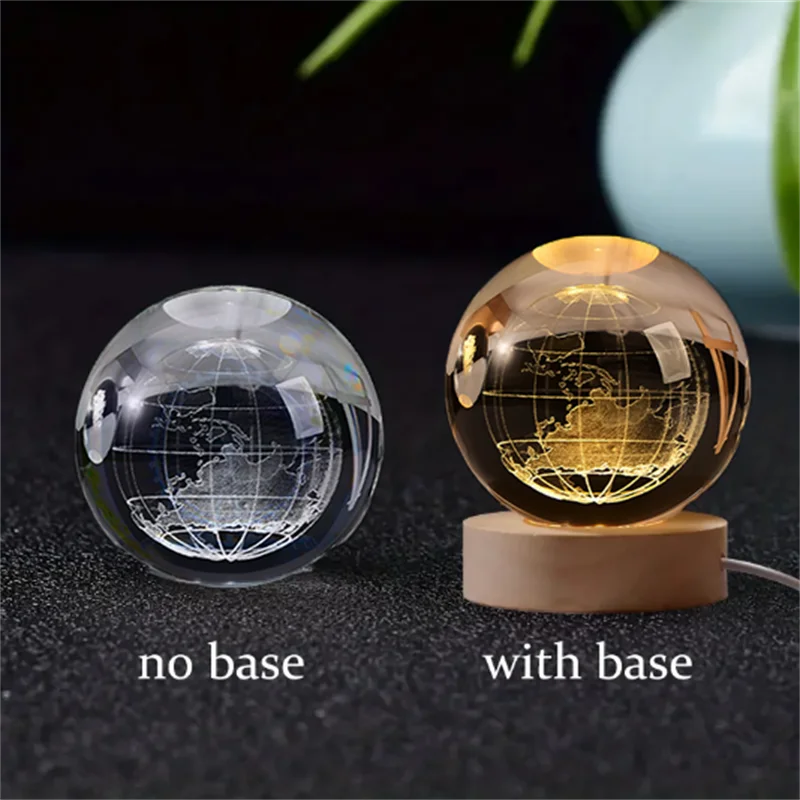 6cm 3D Crystal Solar System Globe – LED Warm Night Light with Laser Engraved Planet Design and Wooden Base, Great Birthday Gift