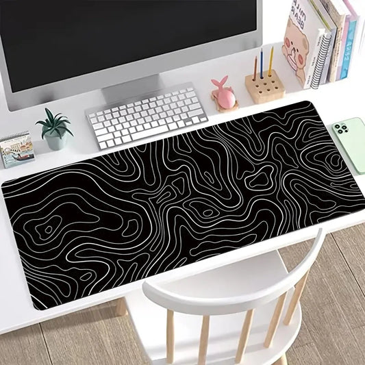 1PC Large Gaming Mouse Pad – 31.5 x 11.8in Topographic Design, Black & White with Anti-Slip Surface for Keyboard