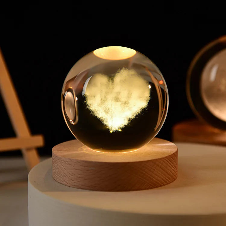 6cm 3D Crystal Solar System Globe – LED Warm Night Light with Laser Engraved Planet Design and Wooden Base, Great Birthday Gift