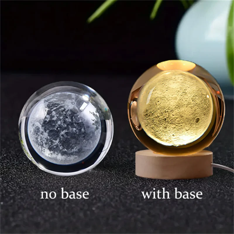 6cm 3D Crystal Solar System Globe – LED Warm Night Light with Laser Engraved Planet Design and Wooden Base, Great Birthday Gift