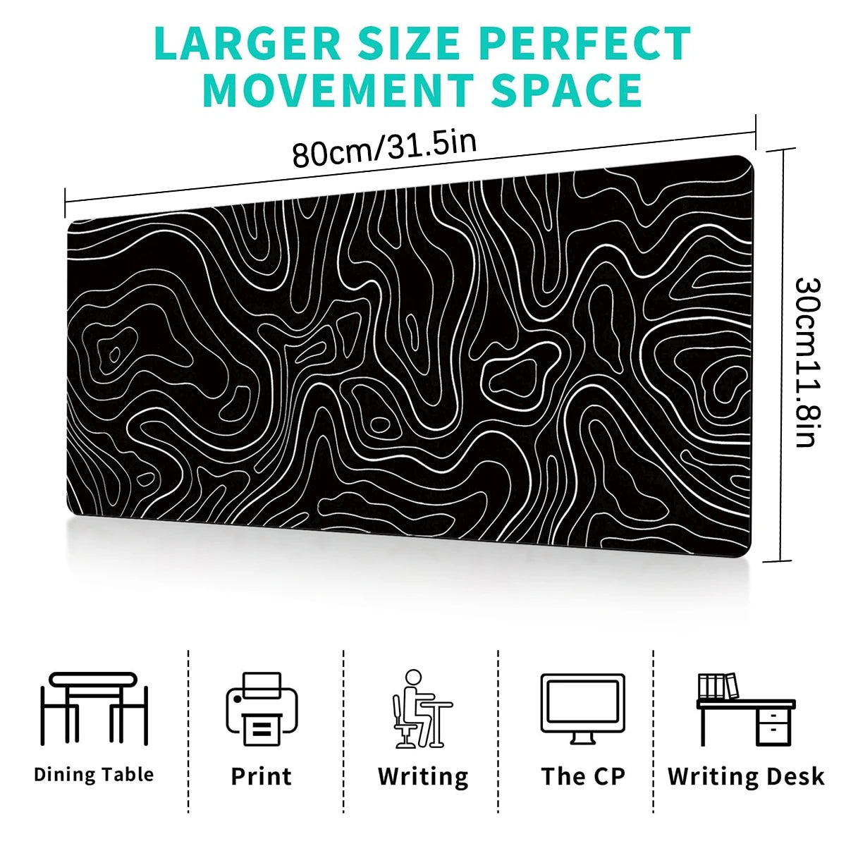 1PC Large Gaming Mouse Pad – 31.5 x 11.8in Topographic Design, Black & White with Anti-Slip Surface for Keyboard